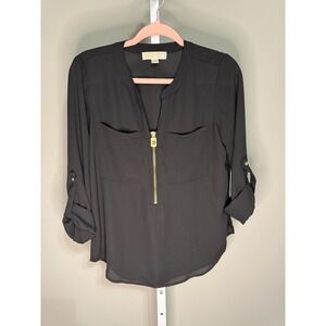 Michael Kors Black Half Zip Blouse Roll Tab Sleeves Pocket Front S Quiet Luxury